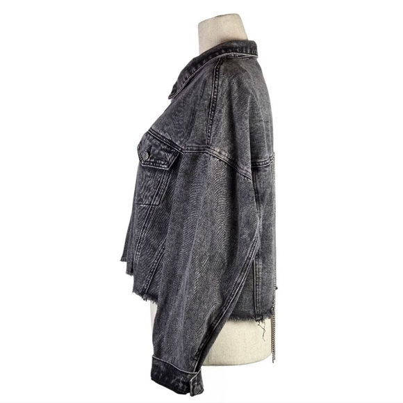 Savanna Jane Rhinestone Fringe Black Acid Wash Cropped Denim Jacket L Maximalism - Picture 4 of 7